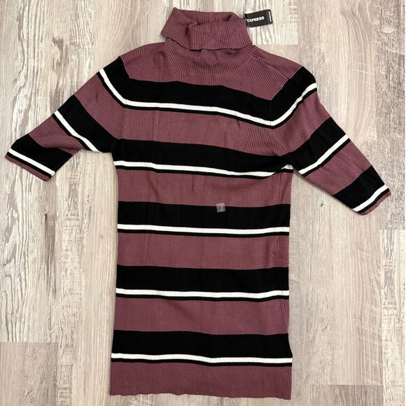 Express Women’s Large Ribbed Striped Turtle Neck Short Sleeve Sweater - Picture 1 of 10